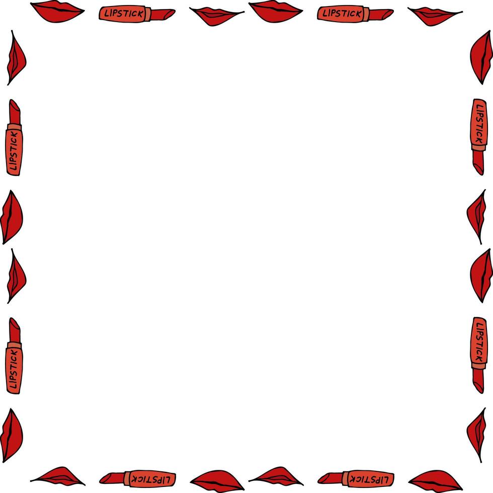 Square frame with lipstick and different women's lips on white background. Vector image.