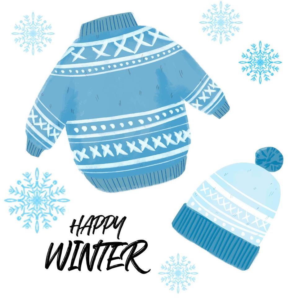 ilustración de ropa de invierno. lindo suéter, sombrero de punto ilustración de color azul con copos de nieve con texto feliz invierno sobre un fondo blanco vector