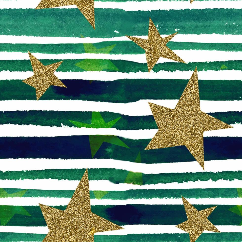 patrón sin costuras con estrellas en el fondo rayas verdes acuarela con textura dorada vector