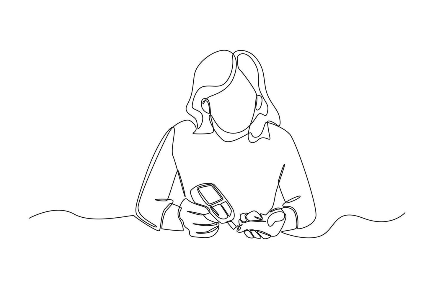 Continuous one line drawing woman checking diabetes with digital glucometer. World diabetes day concept. Single line draw design vector graphic illustration.