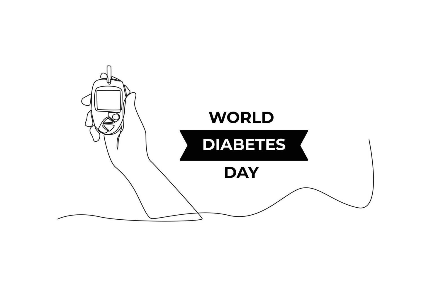 Continuous one line drawing hand using glucometer for checking blood sugar level. World diabetes day concept. Single line draw design vector graphic illustration.