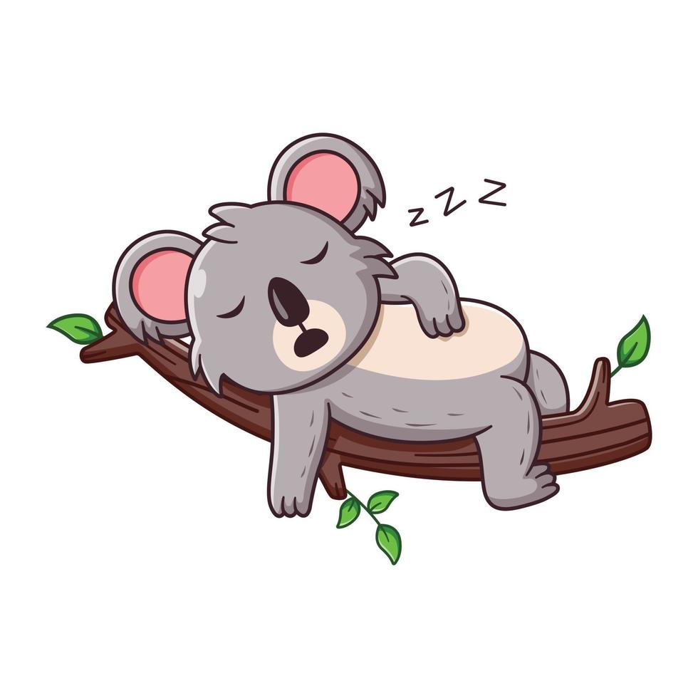 linda caricatura de koala durmiendo en la rama de un árbol. concepto de  icono de animal. estilo de dibujos animados plana. adecuado para página de  inicio web, pancarta, volante, pegatina, tarjeta 11728020