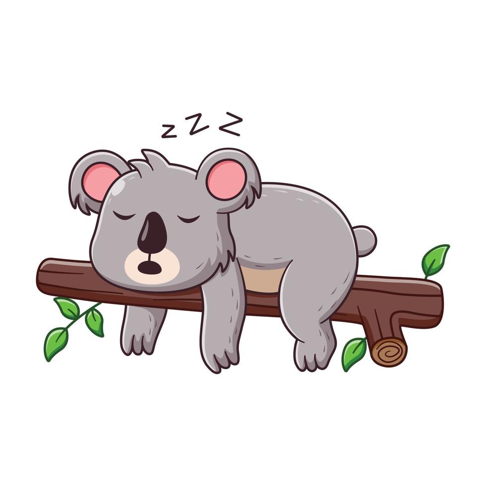 linda caricatura de koala durmiendo en la rama de un árbol. concepto de icono de animal. estilo de dibujos animados plana. adecuado para página de inicio web, pancarta, volante, pegatina, tarjeta vector