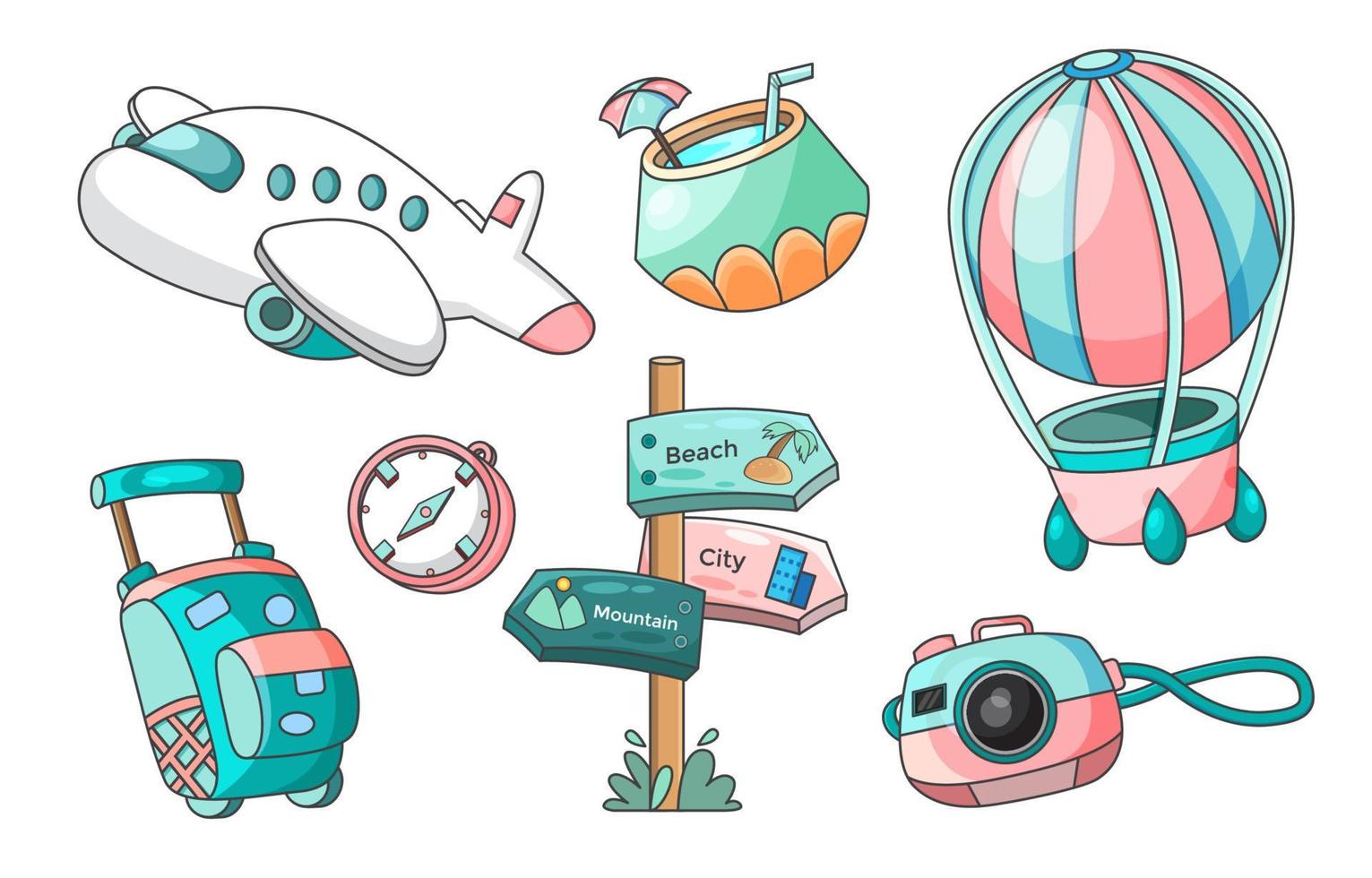 Cute Handdrawn Pastel Travelling Items vector