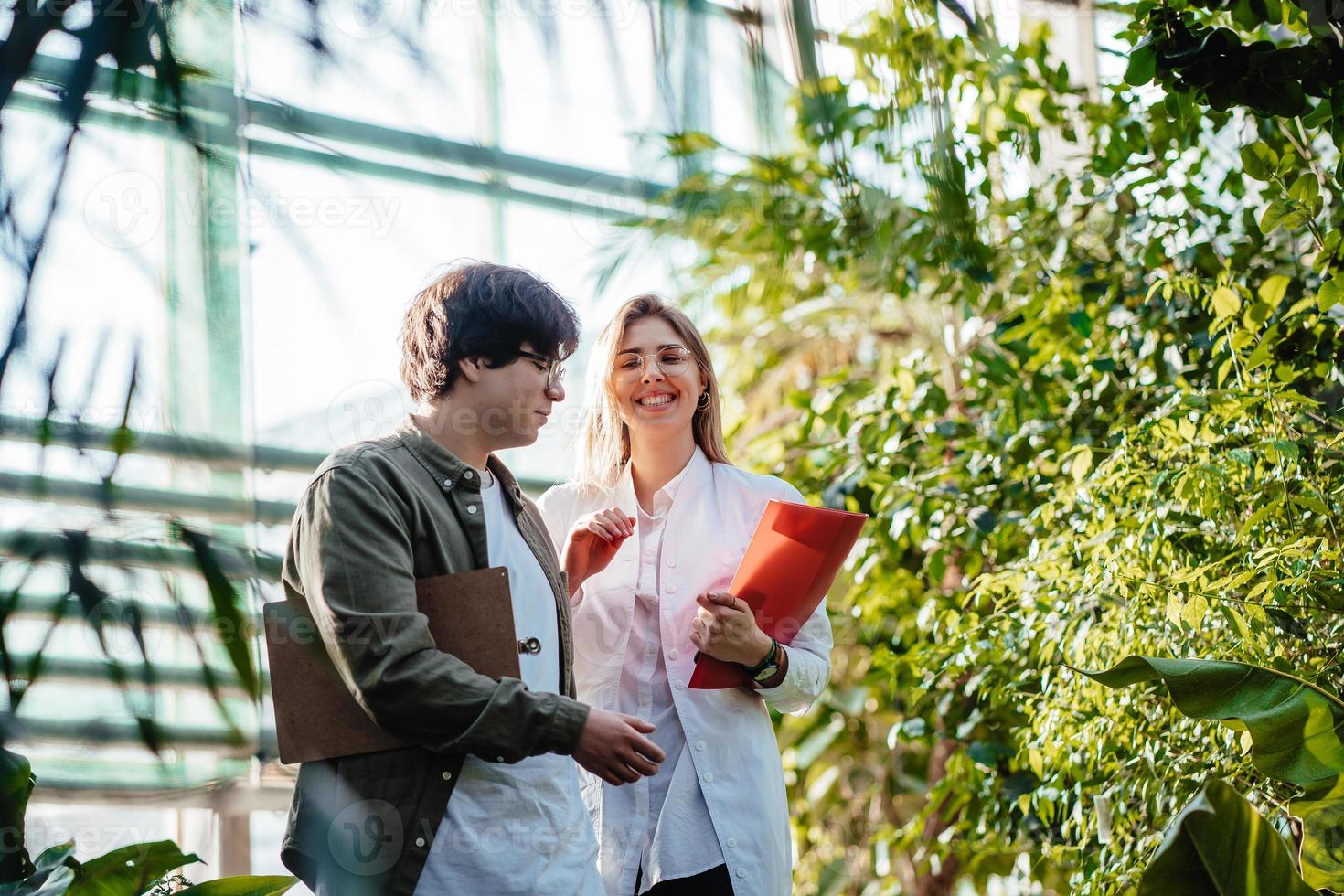 Young agricultural engineers working in greenhouse photo