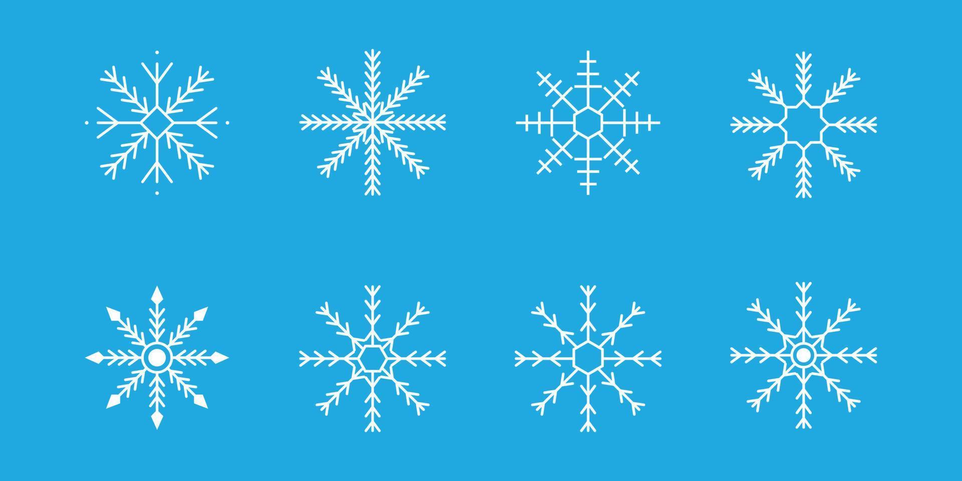 White snowflake collection isolated on blue background. vector
