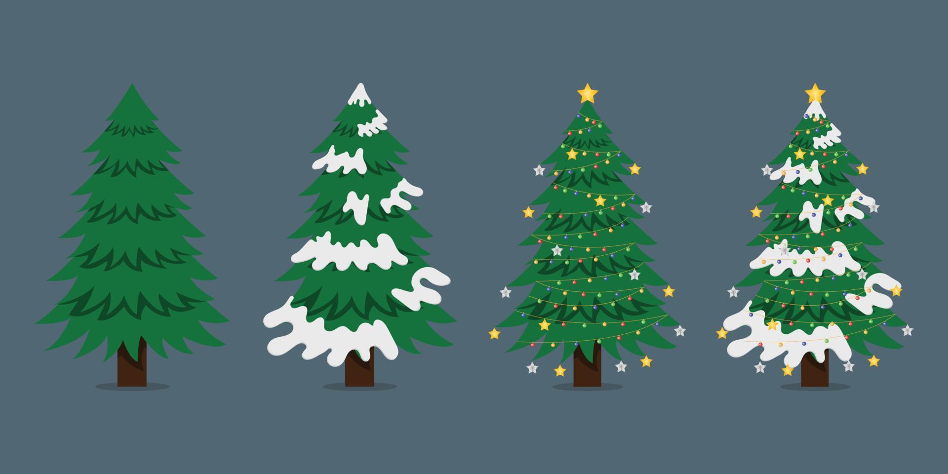 Christmas trees cartoon collection. New Years and xmas traditional symbol tree with garlands, light bulb, star. Winter holiday. vector