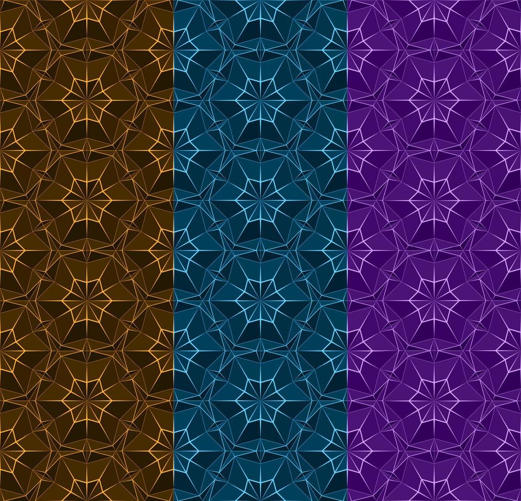 Set of vector colorful dark seamless patterns with thin lines. Geometric polygonal texture with triangles. Vector template for background, wallpaper, web and print design.