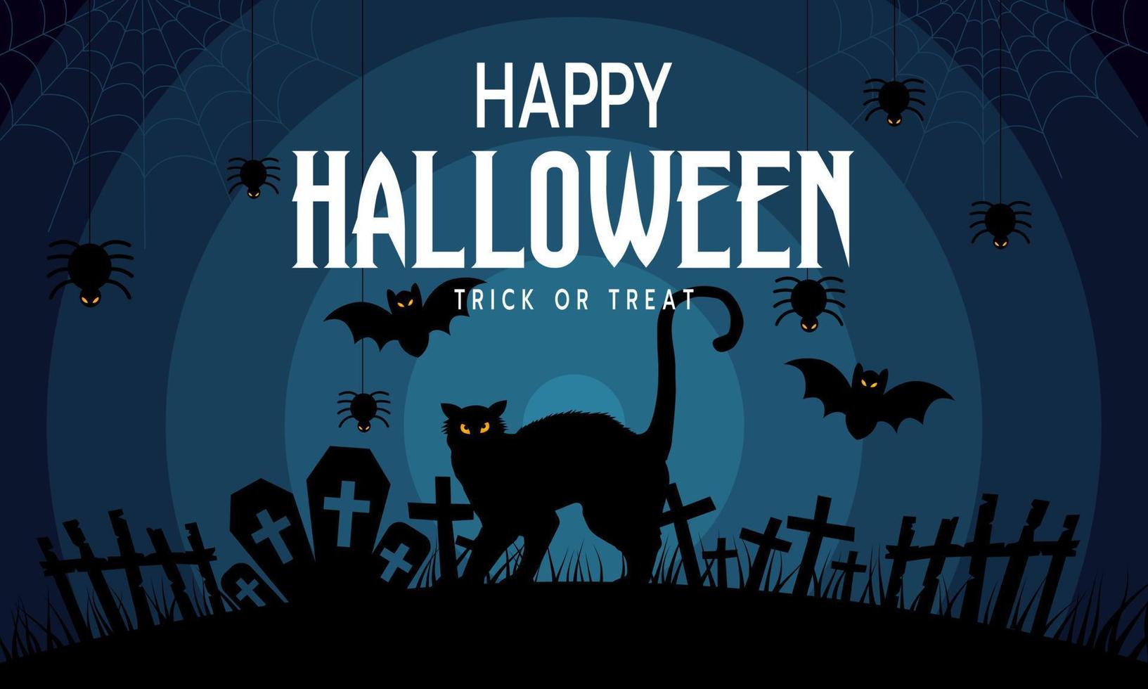 Happy Halloween silhouette background cemetery with text, cat, bats and spider, vector illustration.