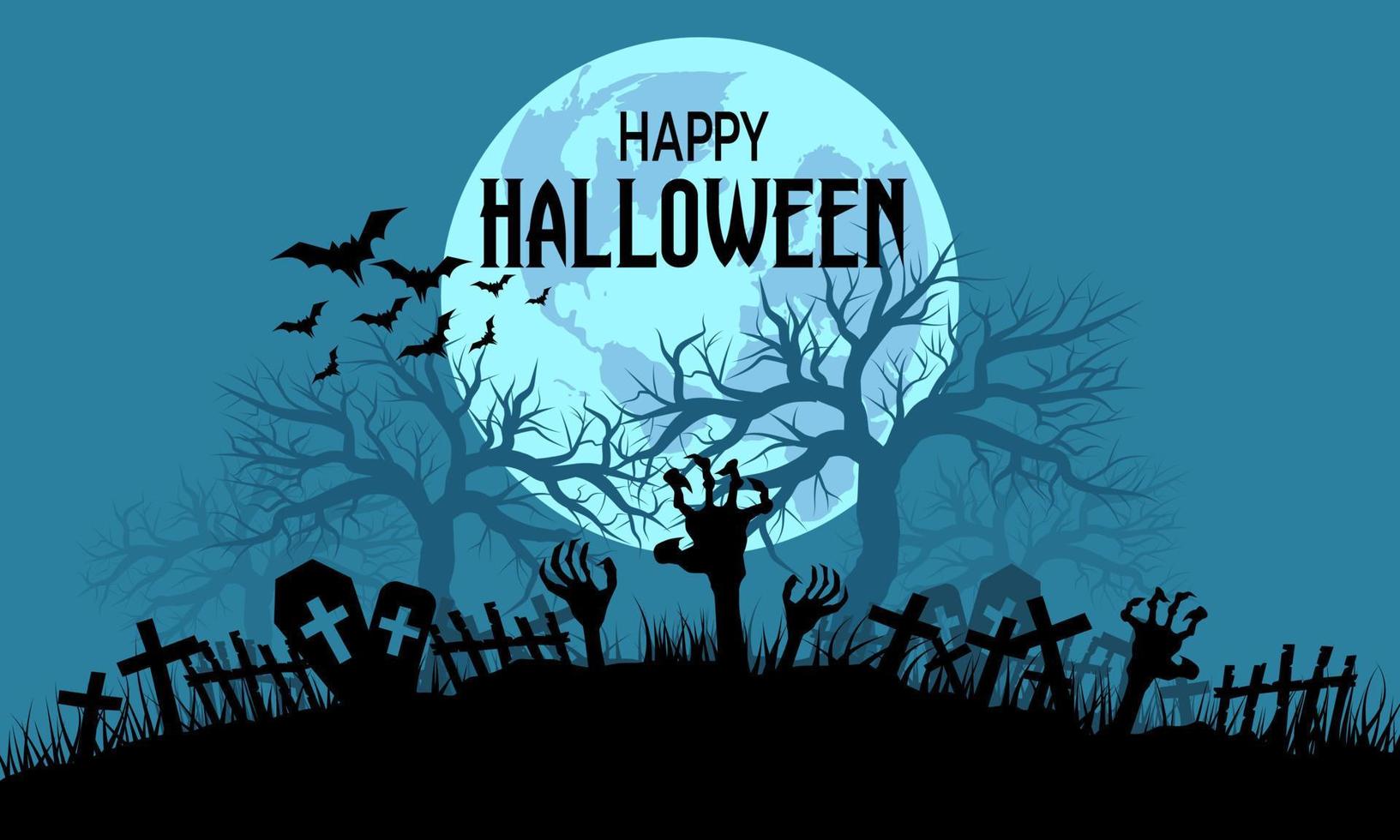 Happy halloween blue silhouette Horror background cemetery with text, vector illustration