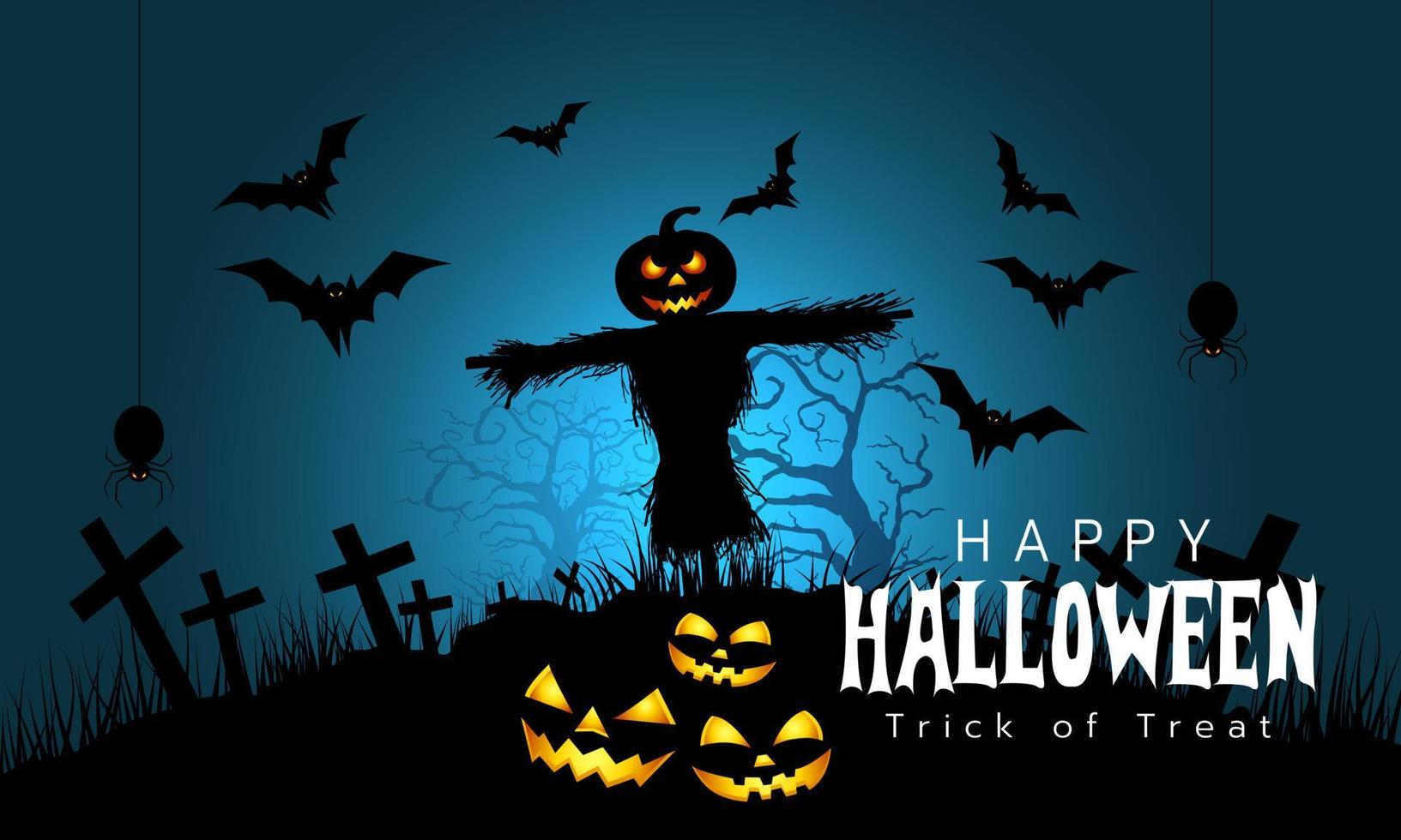 feliz fondo de halloween con fantasma de calabaza espantapájaros, luna llena y murciélagos.ilustración vectorial. vector