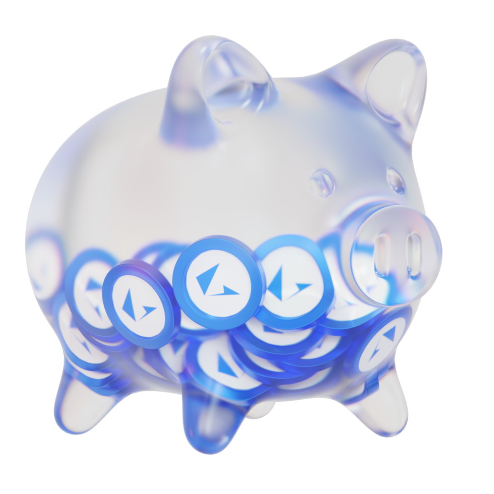 Loopring LRC Glass piggy bank with decreasing piles of crypto coins.Saving inflation, financial crisis and loosing money concept 3d illustration png