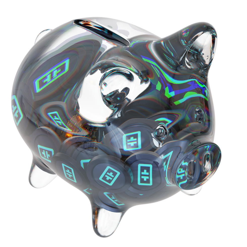 réseau thêta tirelire en verre thêta avec des tas décroissants de pièces cryptographiques.sauver l'inflation, la crise financière et perdre de l'argent concept illustration 3d png