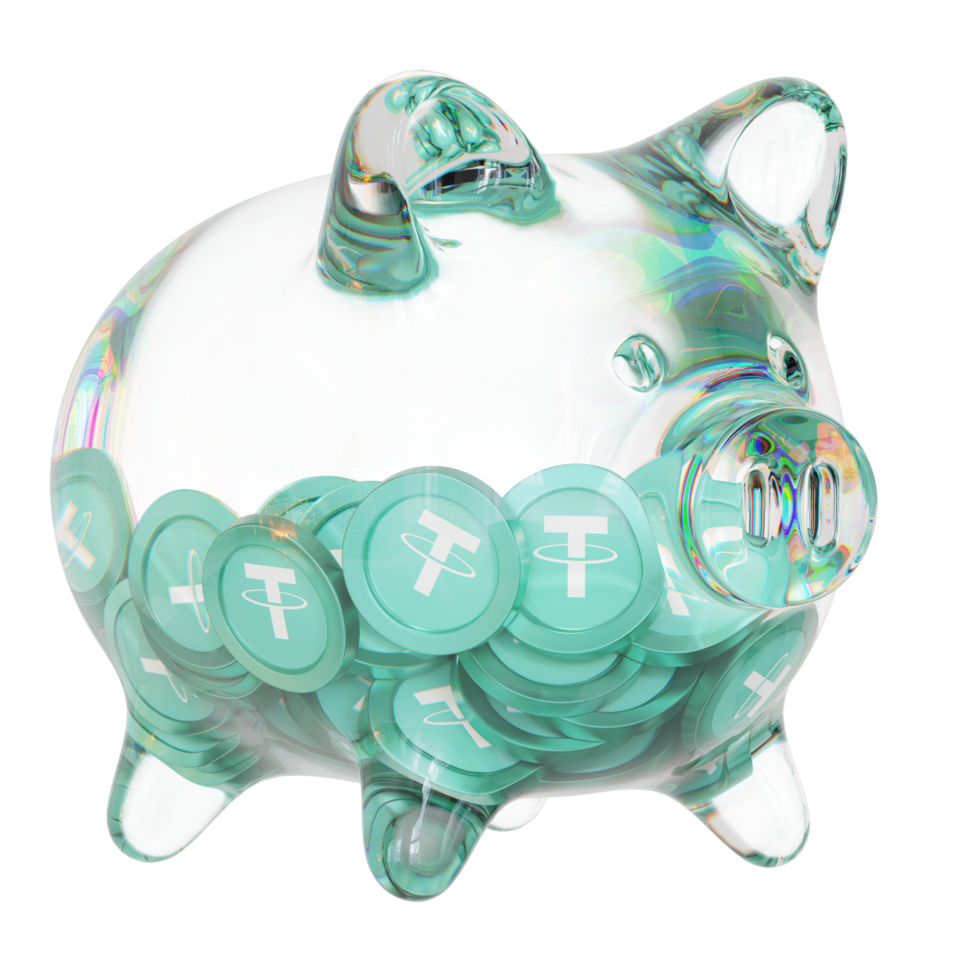 attacher la tirelire en verre usdt avec des tas décroissants de pièces cryptographiques.économiser l'inflation, la crise financière et perdre de l'argent concept illustration 3d png