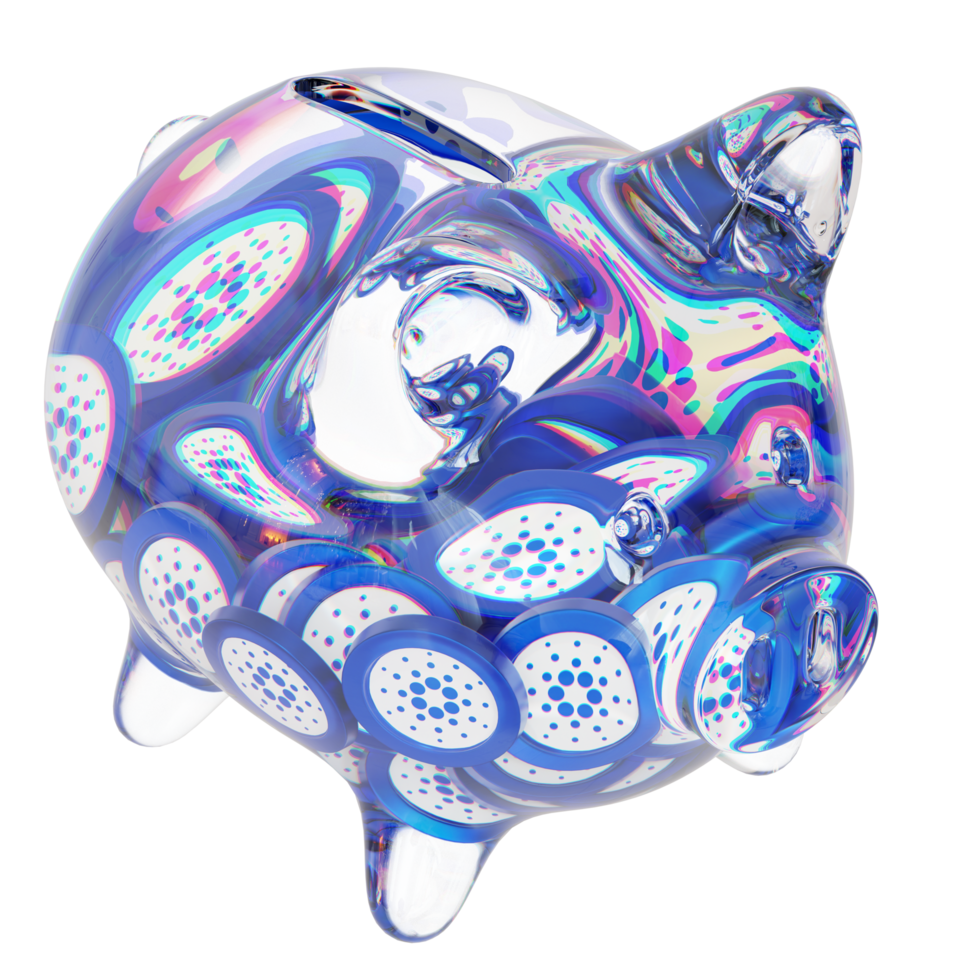 Cardano ADA Glass piggy bank with decreasing piles of crypto coins.Saving inflation, financial crisis and loosing money concept 3d illustration png