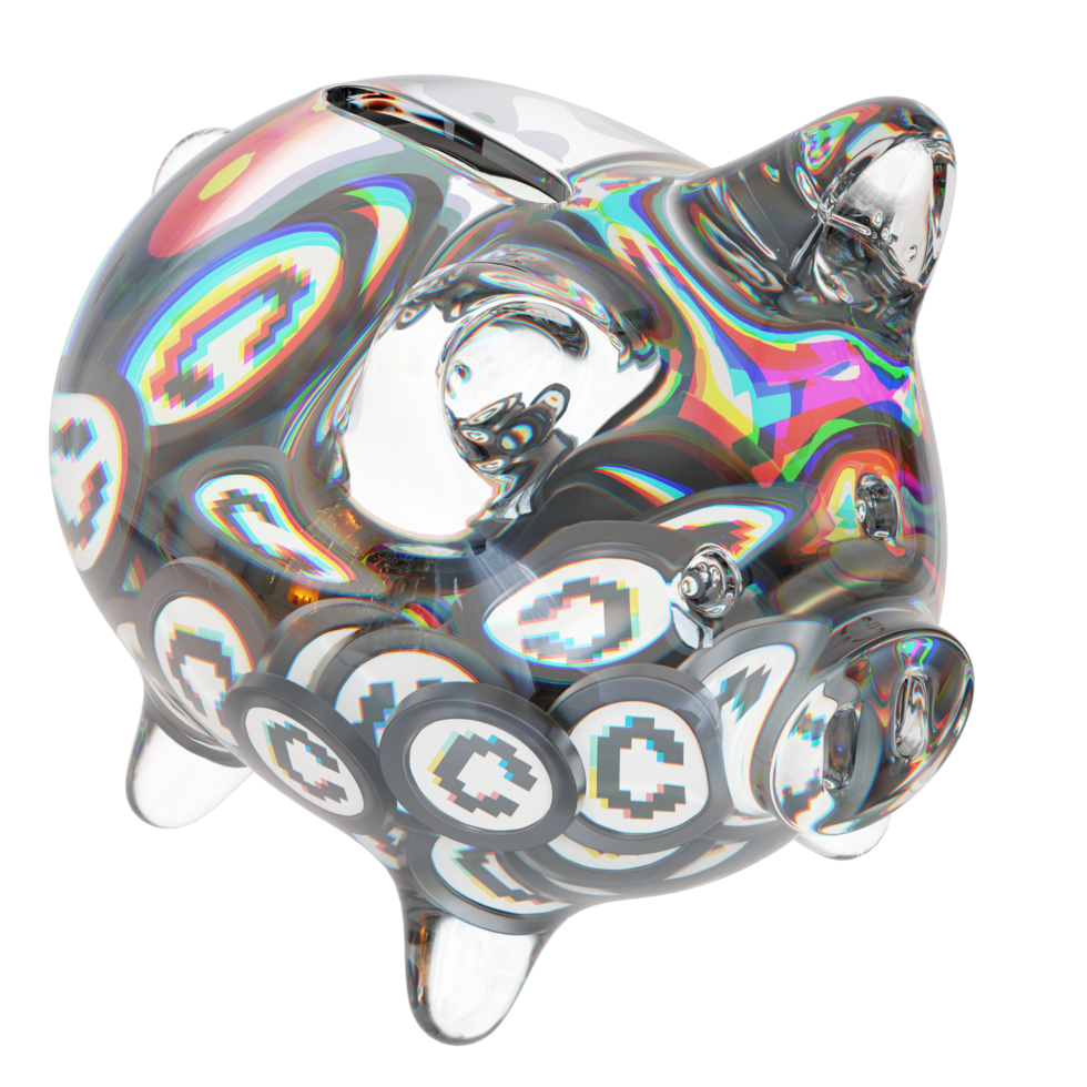 Convex Finance CVX Glass piggy bank with decreasing piles of crypto coins.Saving inflation, financial crisis and loosing money concept 3d illustration png