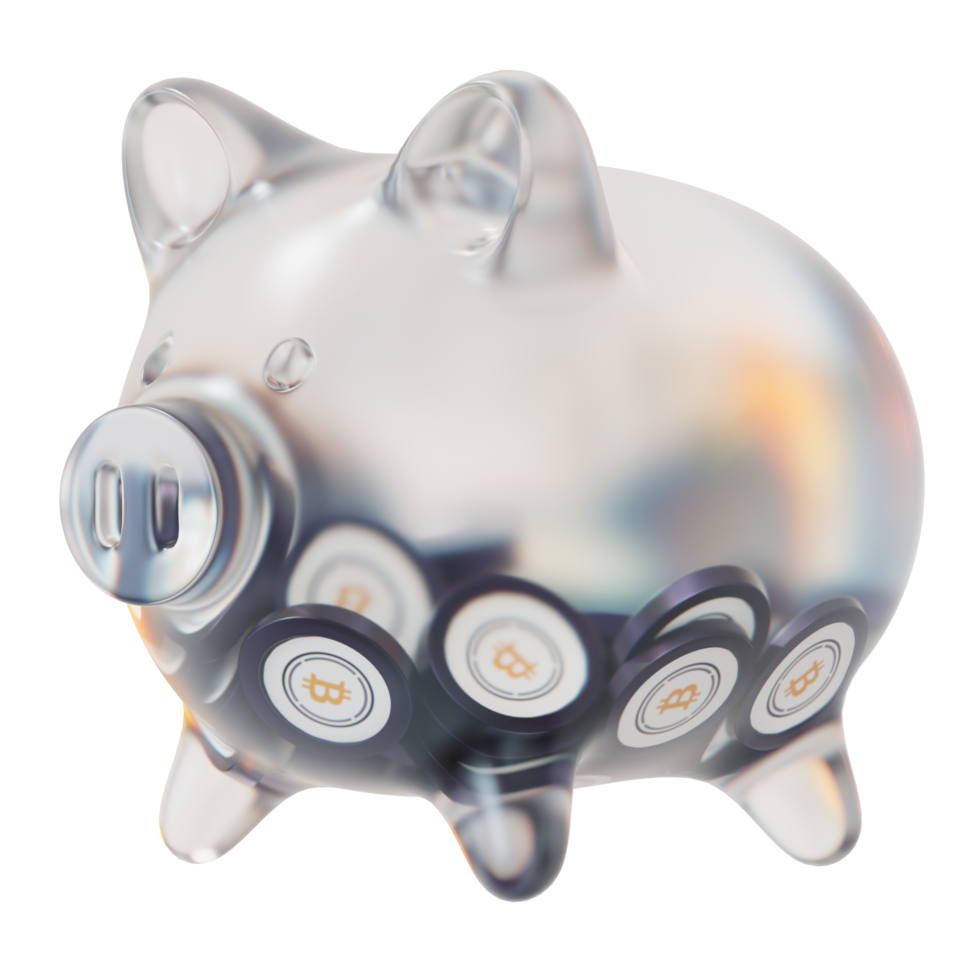 Wrapped Bitcoin WBTC Glass piggy bank with decreasing piles of crypto coins.Saving inflation, financial crisis and loosing money concept 3d illustration png