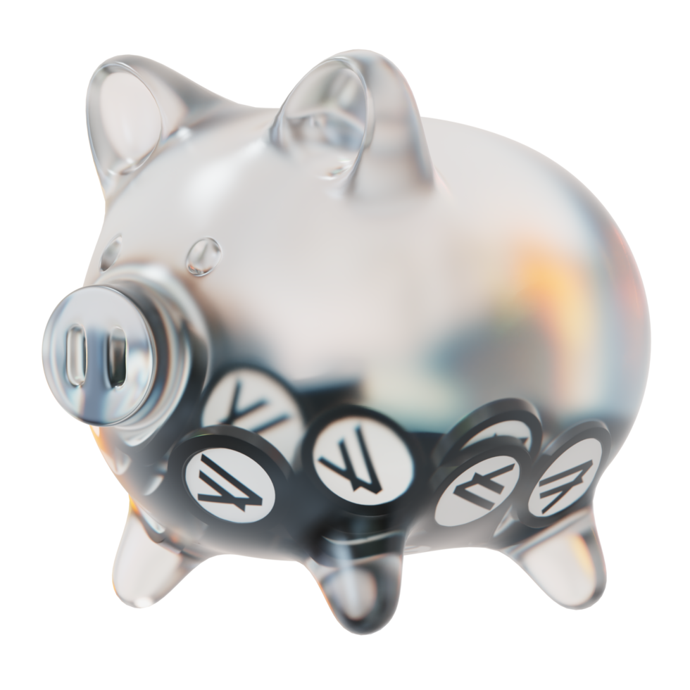 Algorand ALGO Glass piggy bank with decreasing piles of crypto coins.Saving inflation, financial crisis and loosing money concept 3d illustration png