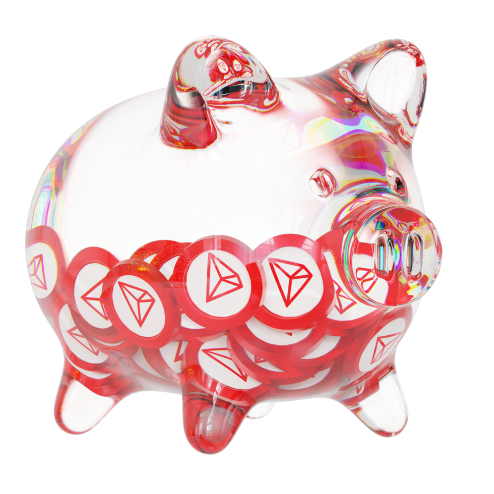 TRON TRX Glass piggy bank with decreasing piles of crypto coins.Saving inflation, financial crisis and loosing money concept 3d illustration png