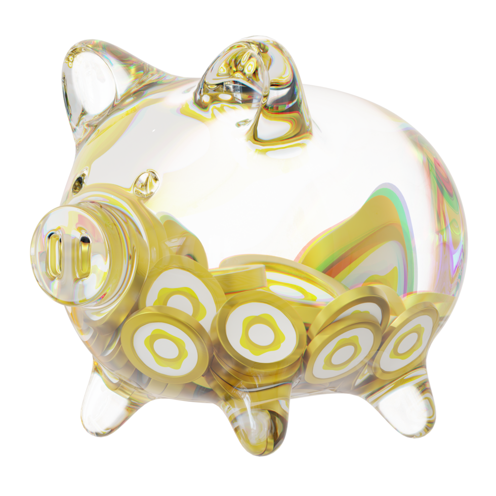 PAX Gold PAXG Glass piggy bank with decreasing piles of crypto coins.Saving inflation, financial crisis and loosing money concept 3d illustration png