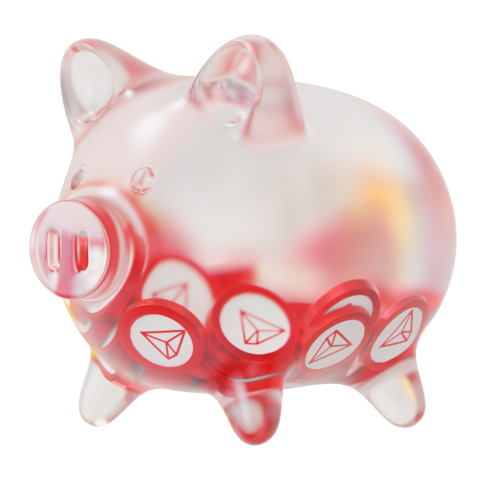 TRON TRX Glass piggy bank with decreasing piles of crypto coins.Saving inflation, financial crisis and loosing money concept 3d illustration png