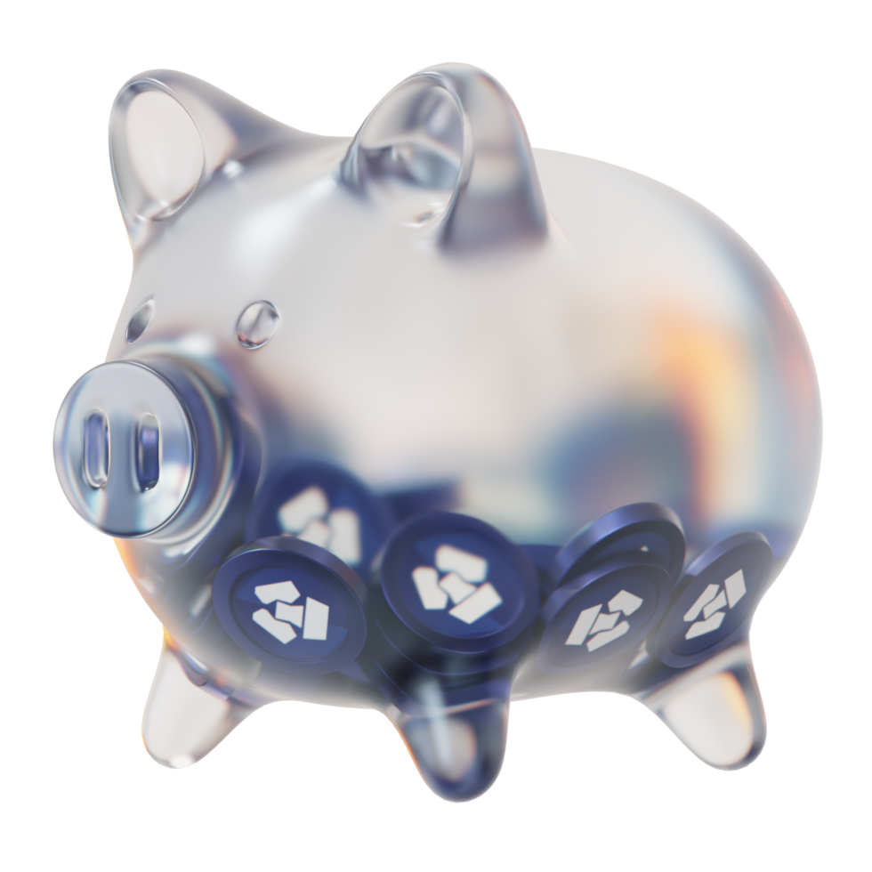 Cronos CRO Glass piggy bank with decreasing piles of crypto coins.Saving inflation, financial crisis and loosing money concept 3d illustration png