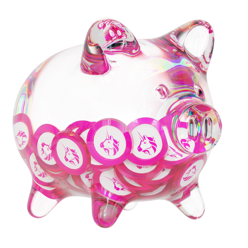 Uniswap UNI Glass piggy bank with decreasing piles of crypto coins.Saving inflation, financial crisis and loosing money concept 3d illustration png