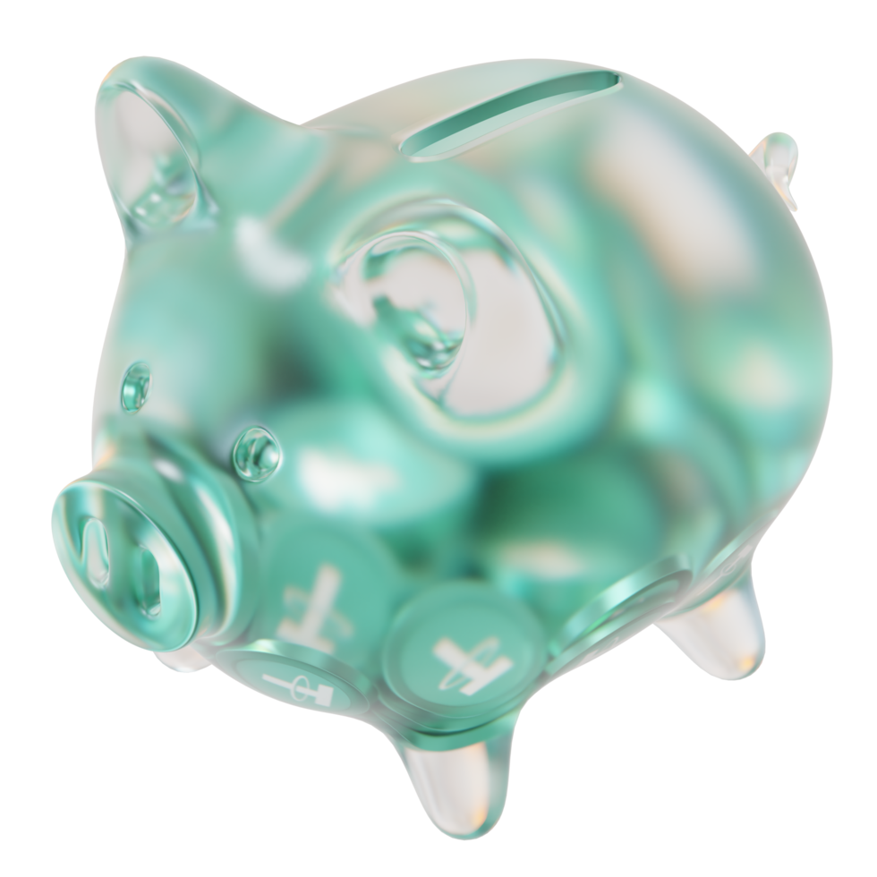 Tether USDT Glass piggy bank with decreasing piles of crypto coins.Saving inflation, financial crisis and loosing money concept 3d illustration png