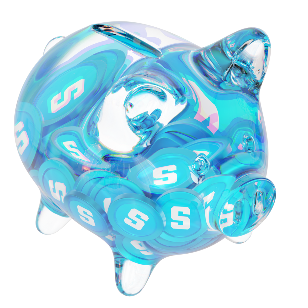 The Sandbox SAND Glass piggy bank with decreasing piles of crypto coins.Saving inflation, financial crisis and loosing money concept 3d illustration png