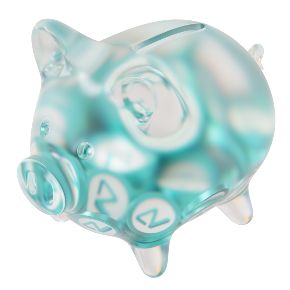 Zilliqa ZIL Glass piggy bank with decreasing piles of crypto coins.Saving inflation, financial crisis and loosing money concept 3d illustration png
