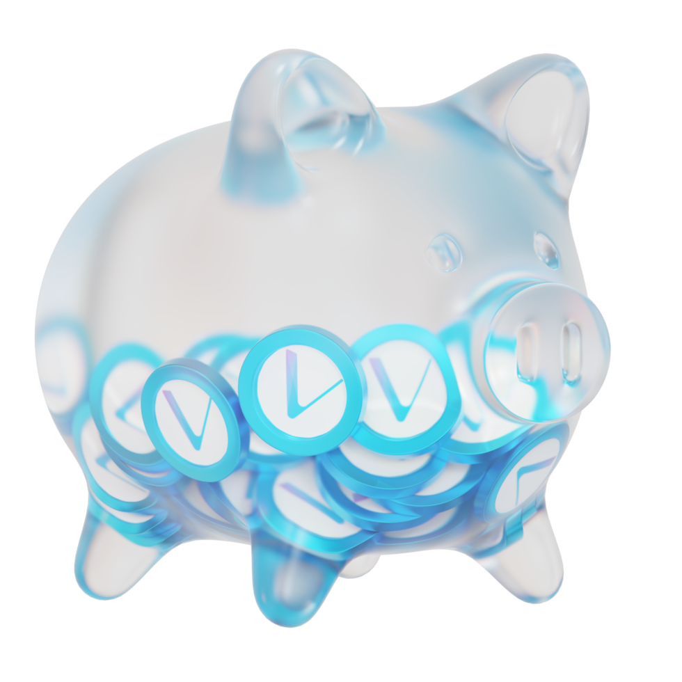 VeChain VET Glass piggy bank with decreasing piles of crypto coins.Saving inflation, financial crisis and loosing money concept 3d illustration png