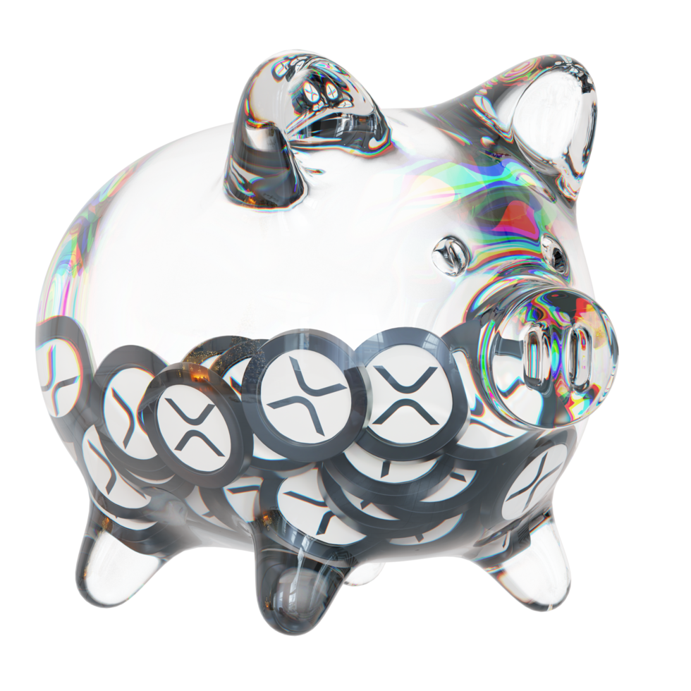 xrp xrp tirelire en verre avec des tas décroissants de pièces cryptographiques. économie d'inflation, crise financière et perte d'argent concept illustration 3d png