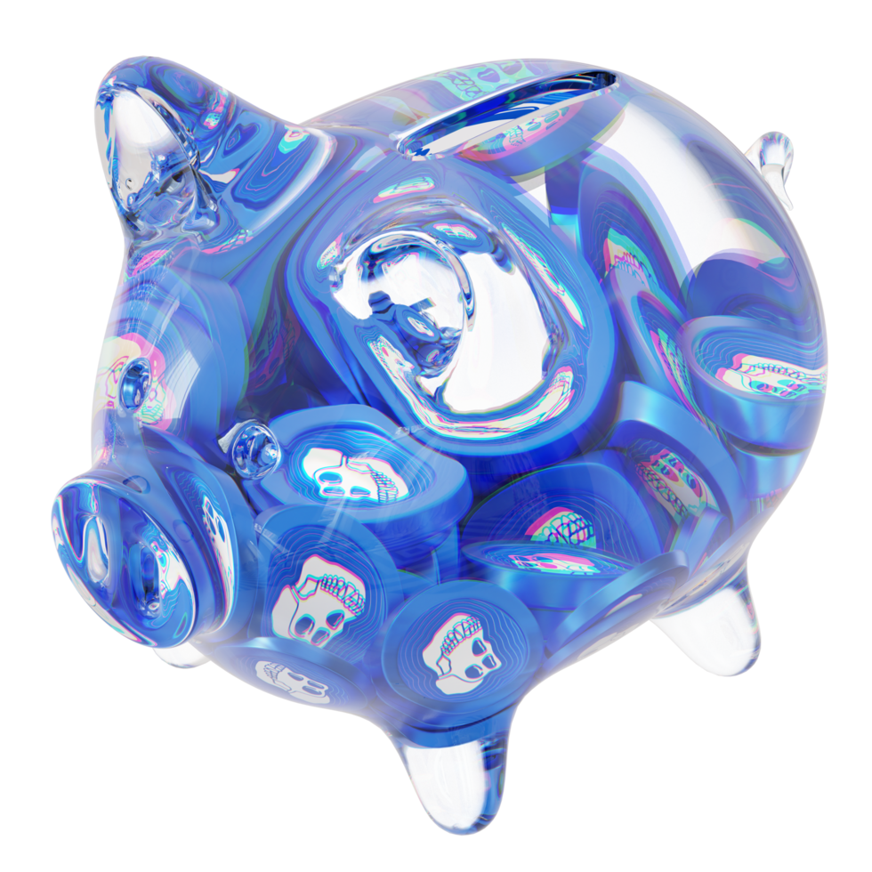 ApeCoin APE Glass piggy bank with decreasing piles of crypto coins.Saving inflation, financial crisis and loosing money concept 3d illustration png