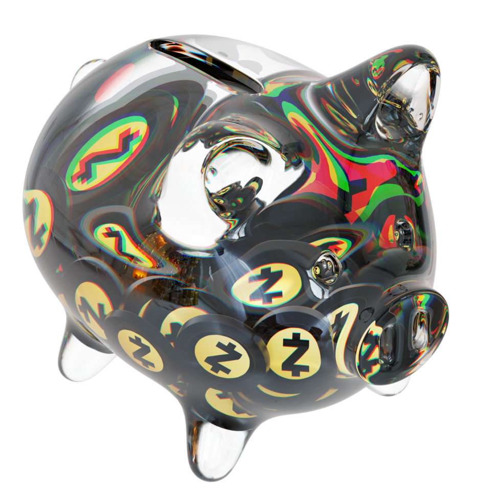Zcash ZEC Glass piggy bank with decreasing piles of crypto coins.Saving inflation, financial crisis and loosing money concept 3d illustration png