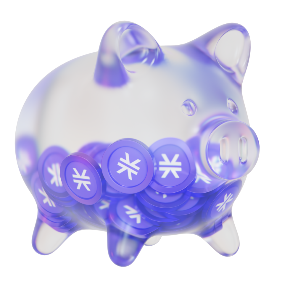 Stacks STX Glass piggy bank with decreasing piles of crypto coins.Saving inflation, financial crisis and loosing money concept 3d illustration png