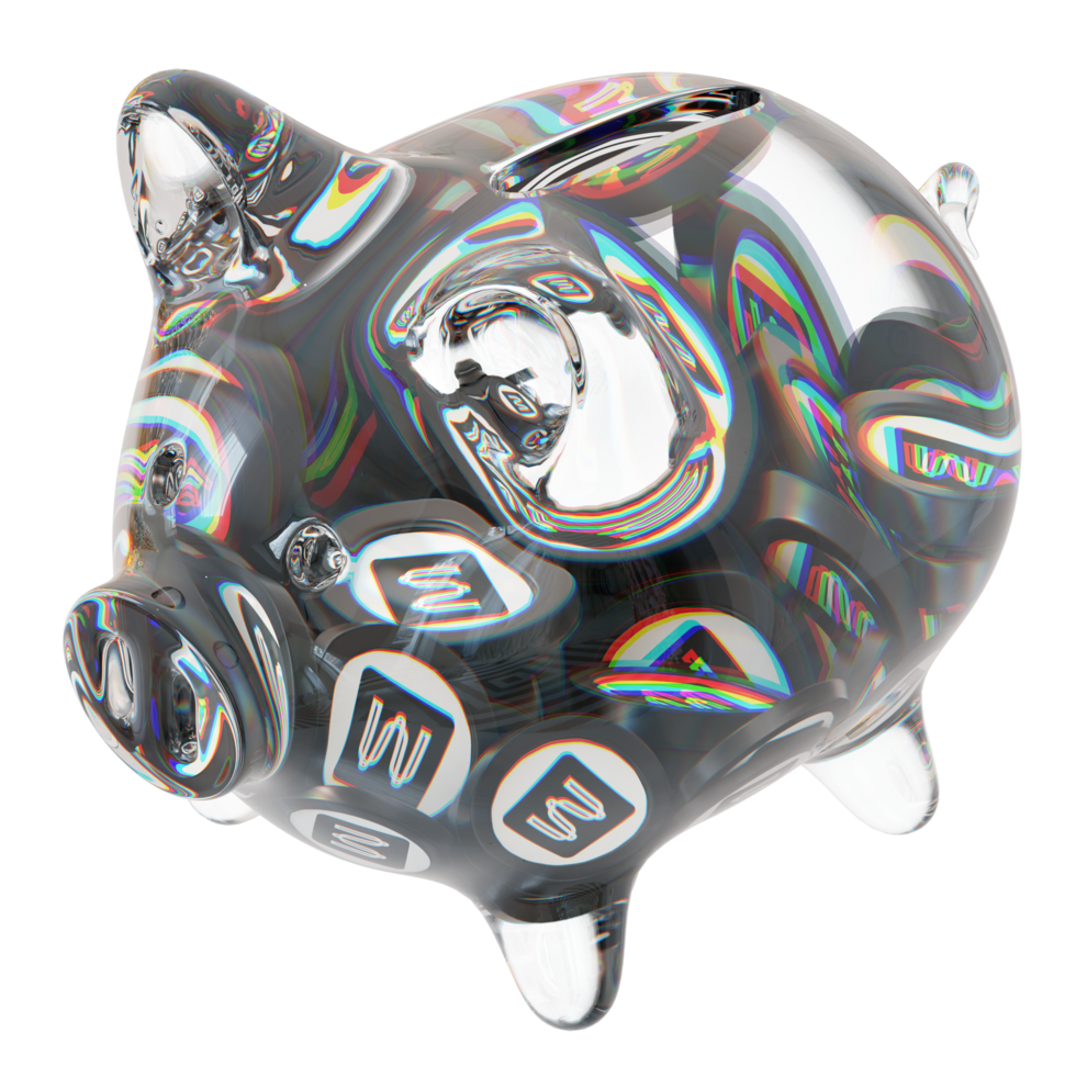 Mina MINA Glass piggy bank with decreasing piles of crypto coins.Saving inflation, financial crisis and loosing money concept 3d illustration png