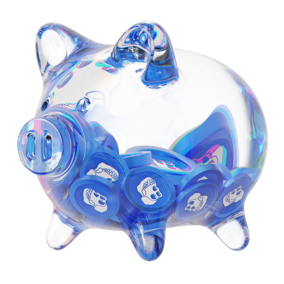 ApeCoin APE Glass piggy bank with decreasing piles of crypto coins.Saving inflation, financial crisis and loosing money concept 3d illustration png