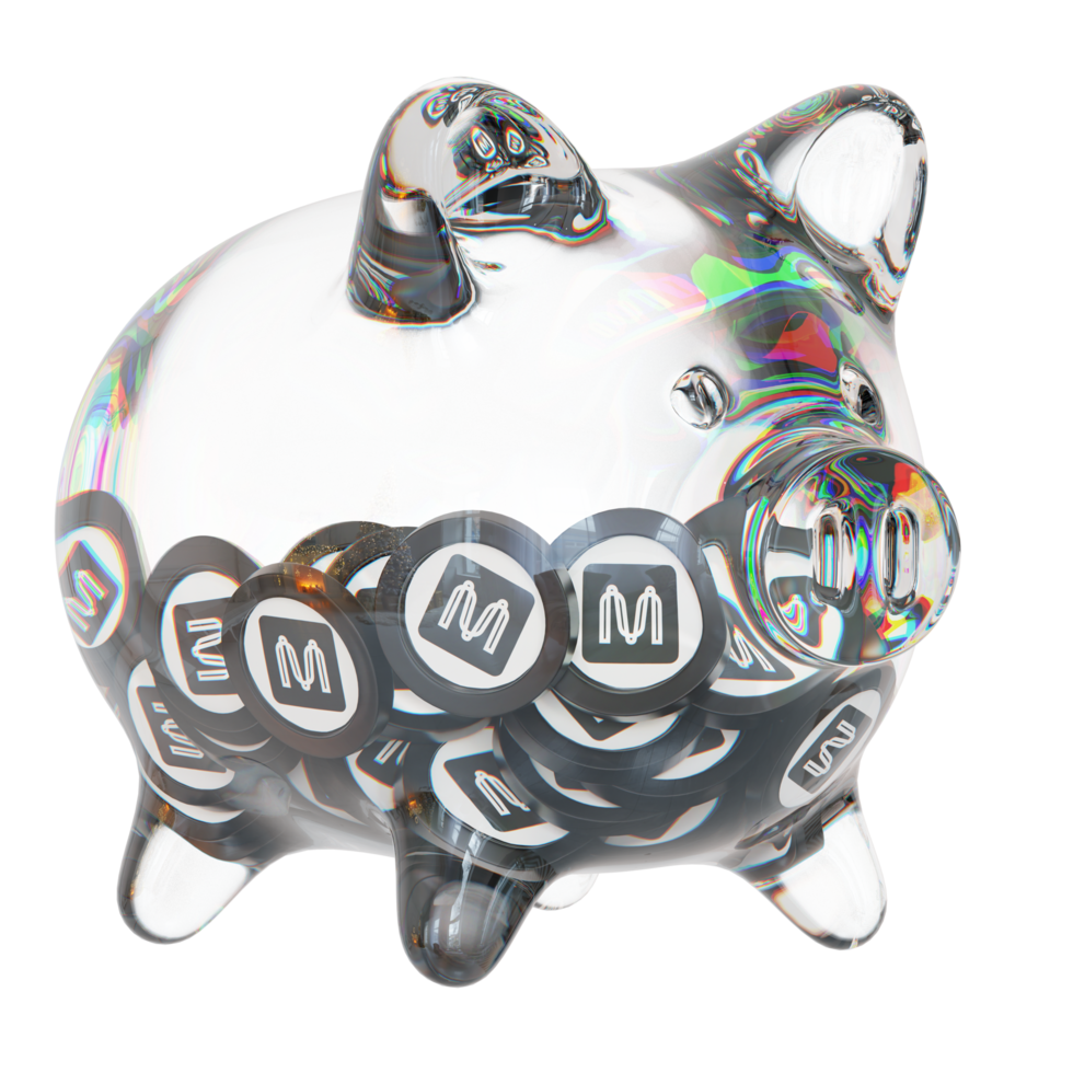 Mina MINA Glass piggy bank with decreasing piles of crypto coins.Saving inflation, financial crisis and loosing money concept 3d illustration png