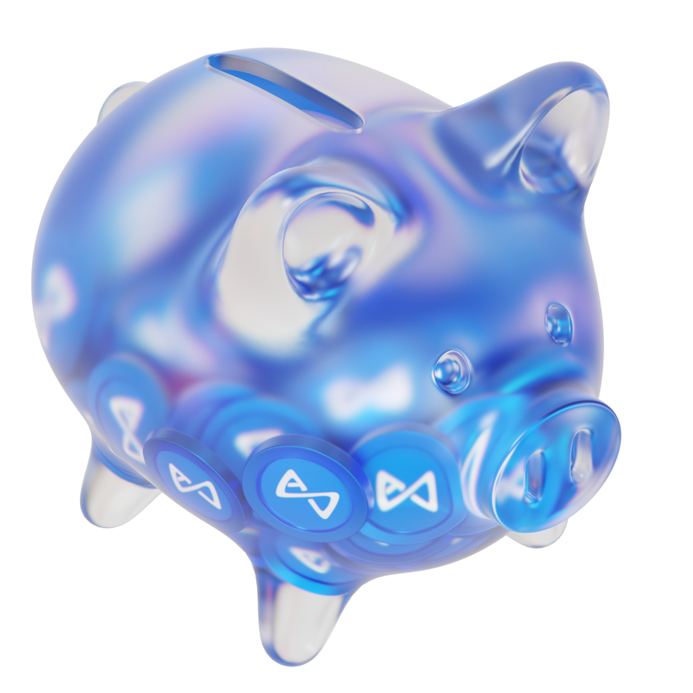 Axie Infinity AXS Glass piggy bank with decreasing piles of crypto coins.Saving inflation, financial crisis and loosing money concept 3d illustration png
