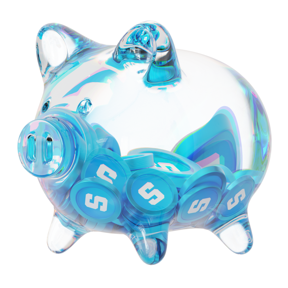 The Sandbox SAND Glass piggy bank with decreasing piles of crypto coins.Saving inflation, financial crisis and loosing money concept 3d illustration png