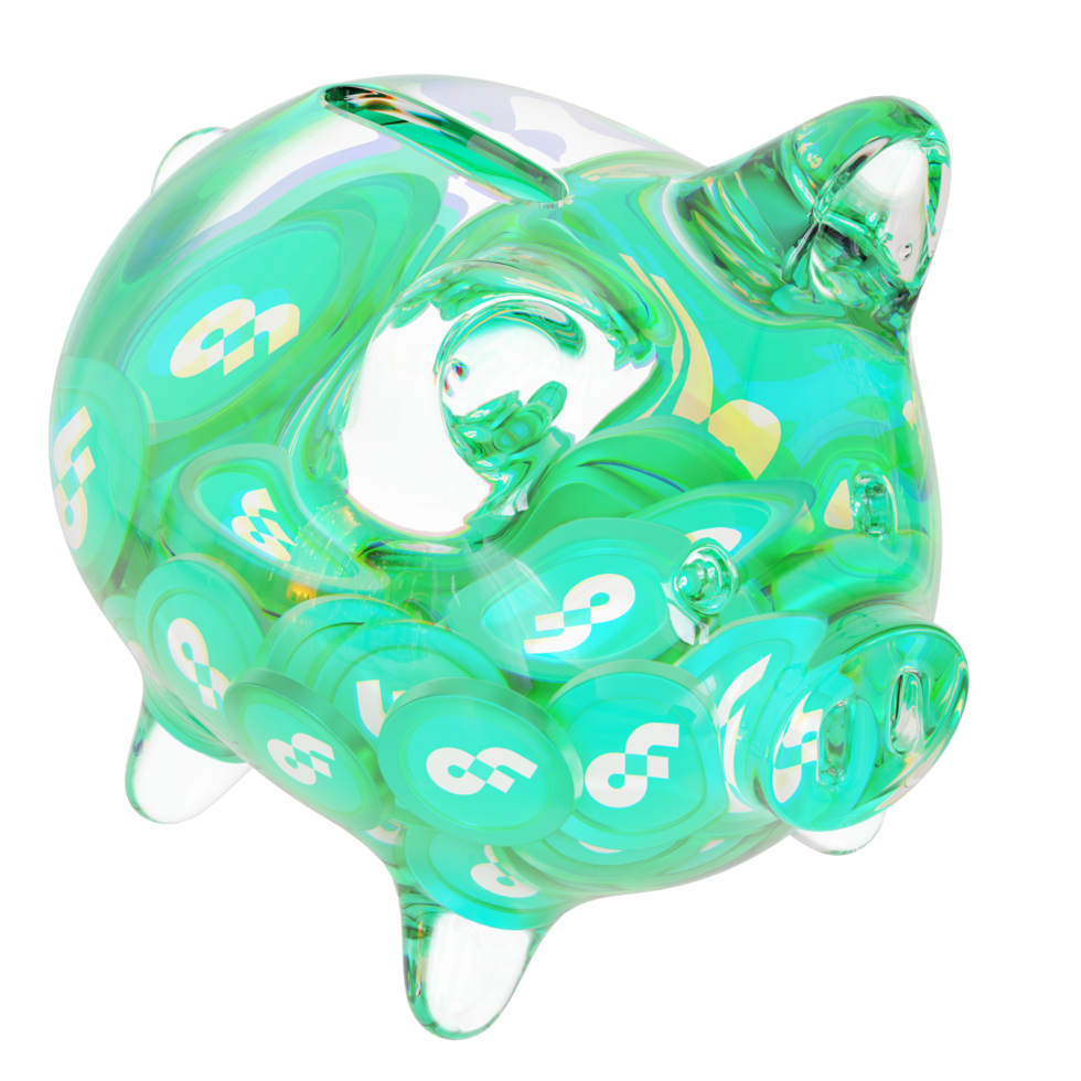 Flow FLOW Glass piggy bank with decreasing piles of crypto coins.Saving inflation, financial crisis and loosing money concept 3d illustration png
