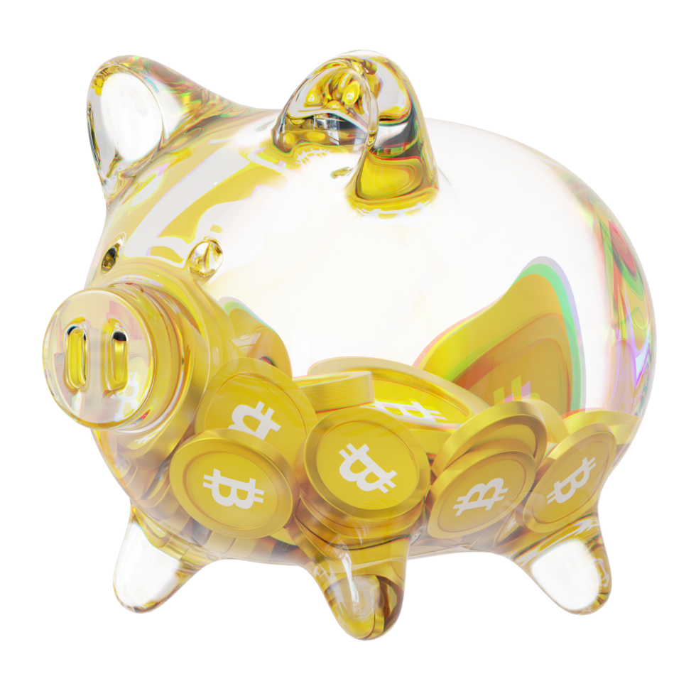bitcoin sv bsv sparschwein aus glas mit abnehmenden stapeln von kryptomünzen. einsparung von inflation, finanzkrise und geldverlust konzept 3d illustration png