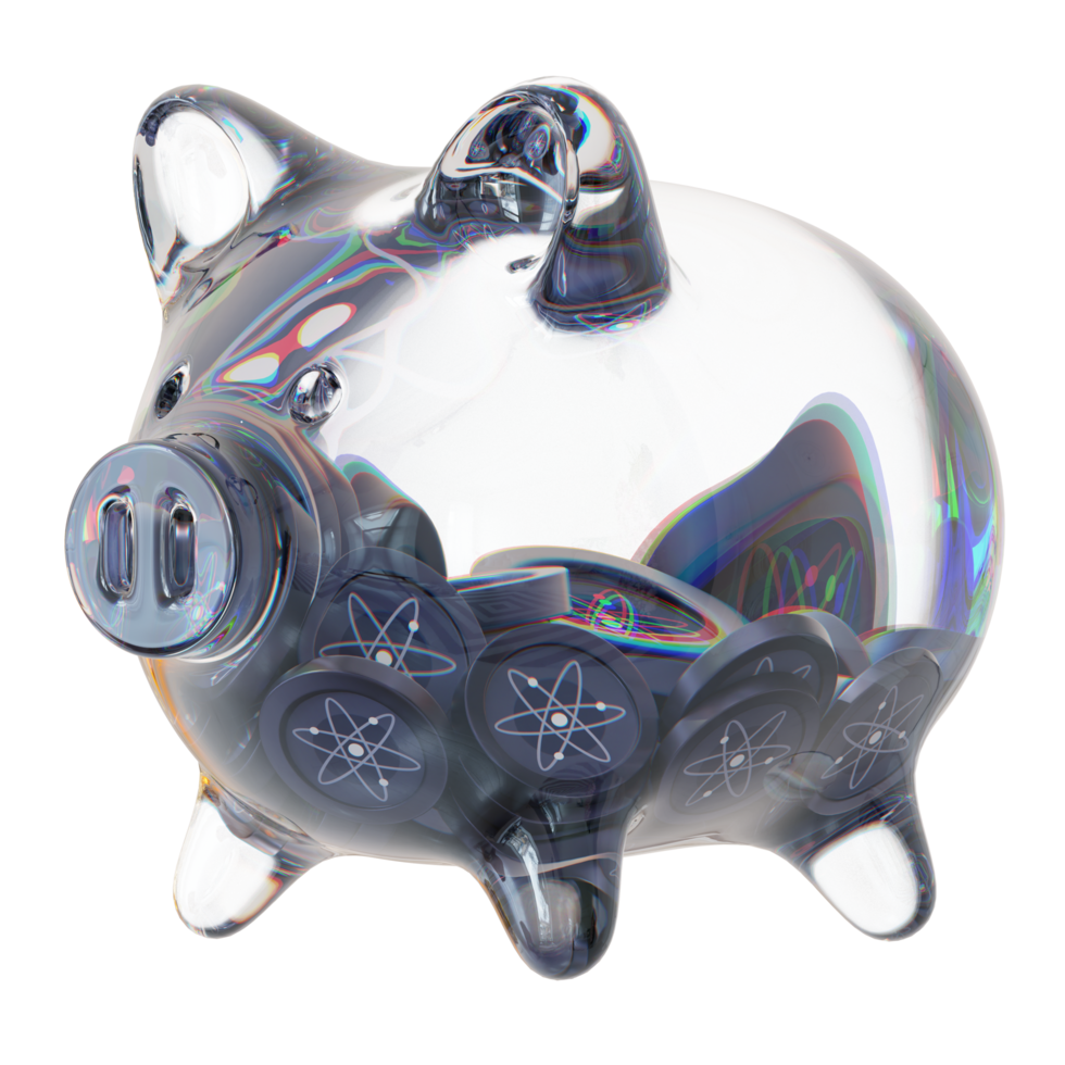 tirelire en verre d'atome de cosmos avec des tas décroissants de pièces de monnaie cryptographiques.sauver l'inflation, la crise financière et perdre de l'argent concept illustration 3d png