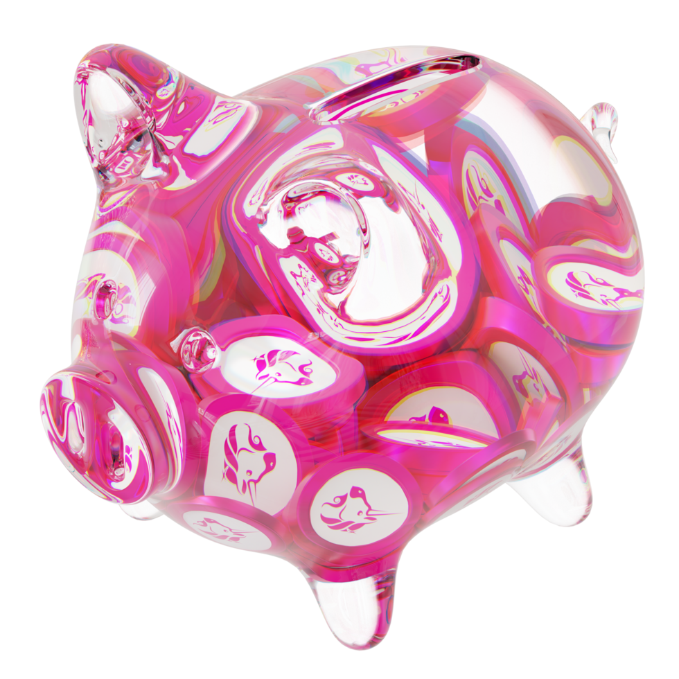Uniswap UNI Glass piggy bank with decreasing piles of crypto coins.Saving inflation, financial crisis and loosing money concept 3d illustration png