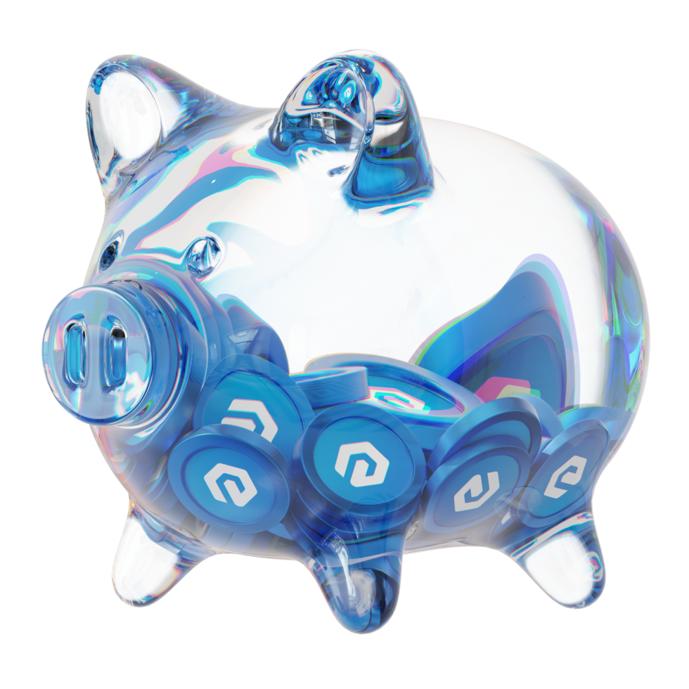 eCash XEC Glass piggy bank with decreasing piles of crypto coins.Saving inflation, financial crisis and loosing money concept 3d illustration png