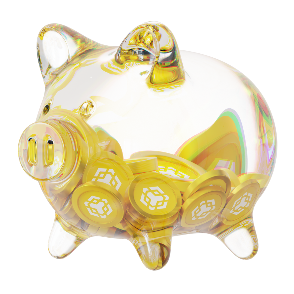Binance Coin BNB Glass piggy bank with decreasing piles of crypto coins.Saving inflation, financial crisis and loosing money concept 3d illustration png