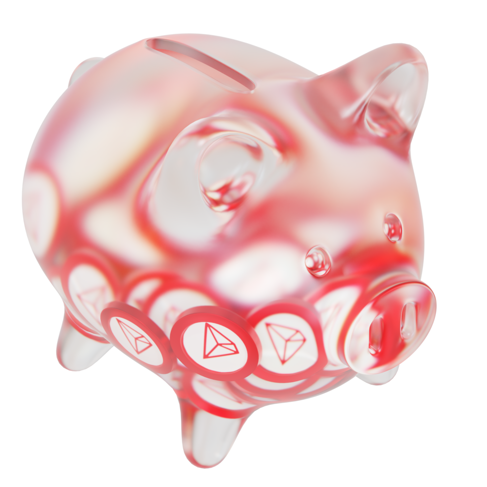 TRON TRX Glass piggy bank with decreasing piles of crypto coins.Saving inflation, financial crisis and loosing money concept 3d illustration png