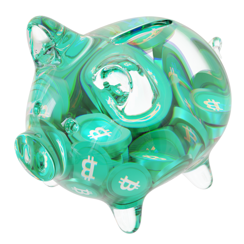 Bitcoin Cash BCH Glass piggy bank with decreasing piles of crypto coins.Saving inflation, financial crisis and loosing money concept 3d illustration png
