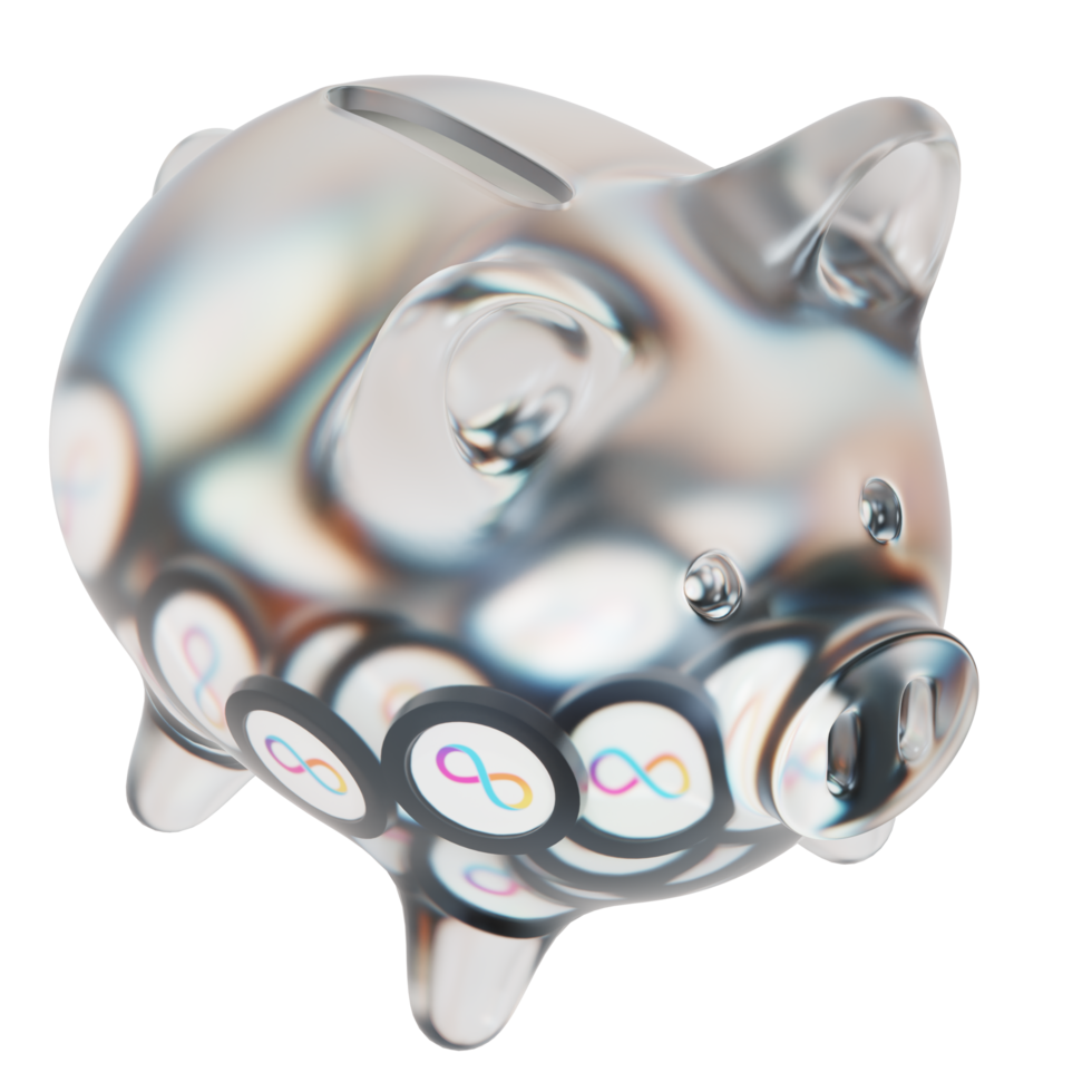 Internet Computer ICP Glass piggy bank with decreasing piles of crypto coins.Saving inflation, financial crisis and loosing money concept 3d illustration png