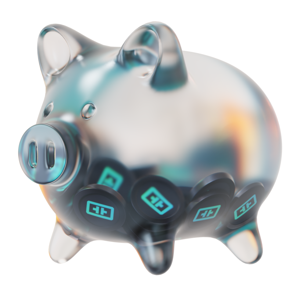 Theta Network THETA Glass piggy bank with decreasing piles of crypto coins.Saving inflation, financial crisis and loosing money concept 3d illustration png